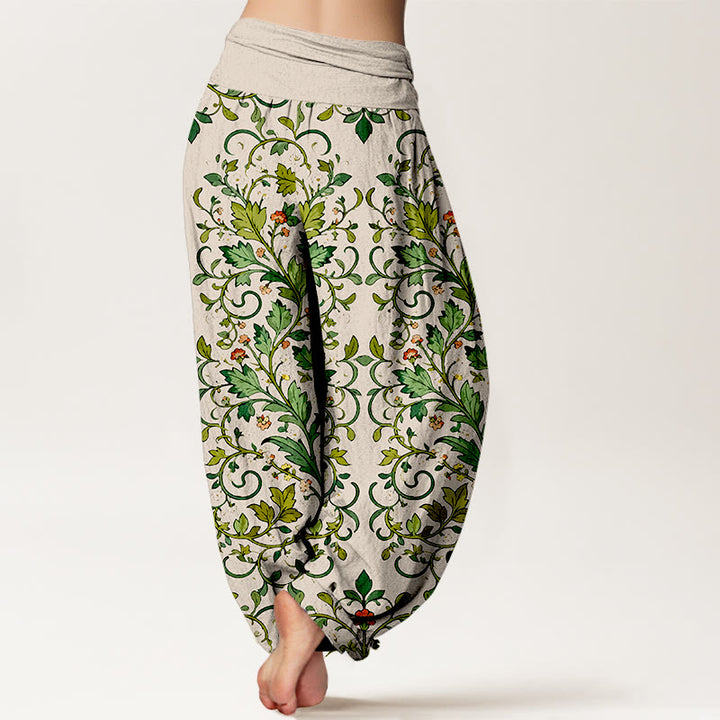 Pantalones bombachos de mujer con cintura elástica, de algodón puro con estampado clásico simétrico de hojas de plantas y Buddha Stones. - image 9