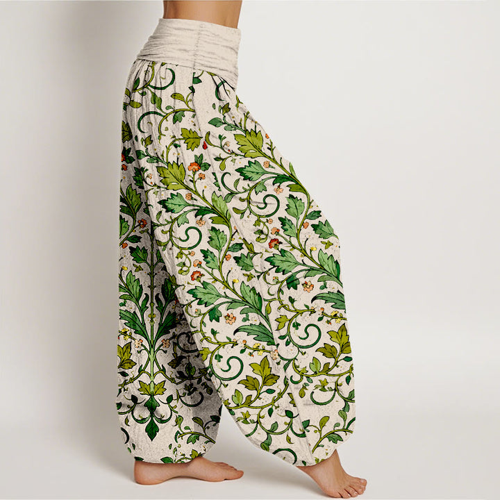 Pantalones bombachos de mujer con cintura elástica, de algodón puro con estampado clásico simétrico de hojas de plantas y Buddha Stones. - image 10
