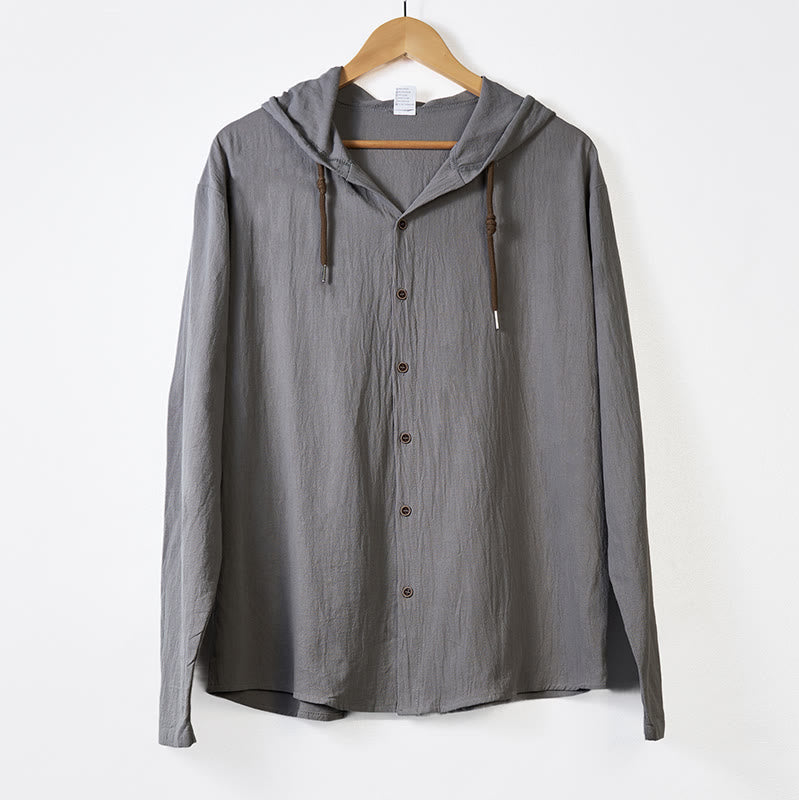 Camisa de algodón para hombre con capucha, manga larga, botones y cordón, color liso, con Buddha Stones - image 11