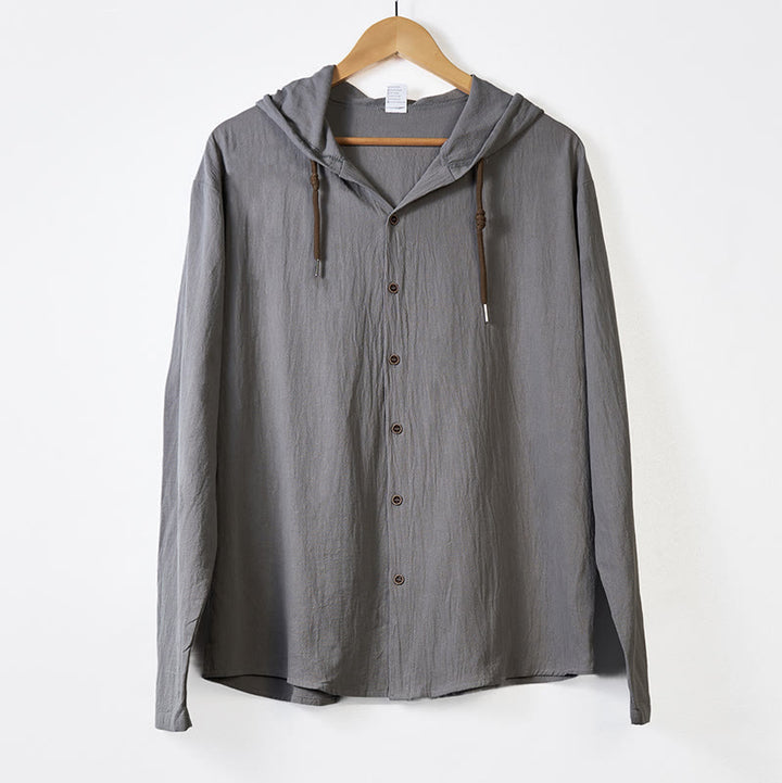 Camisa de algodón para hombre con capucha, manga larga, botones y cordón, color liso, con Buddha Stones - image 11