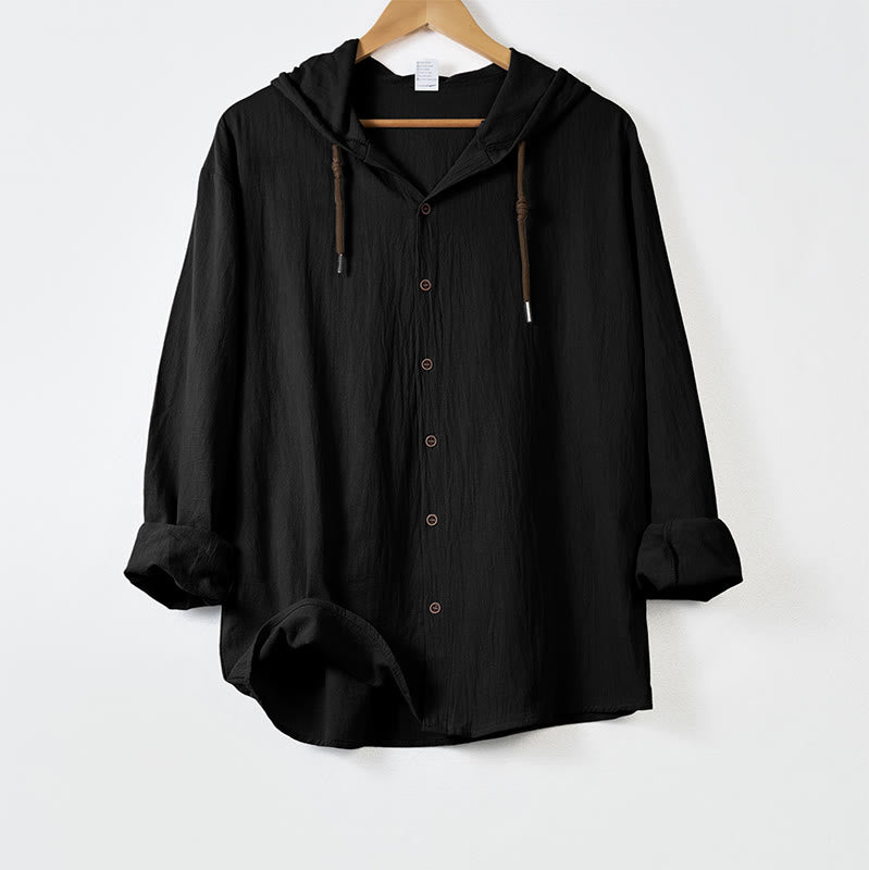 Camisa de algodón para hombre con capucha, manga larga, botones y cordón, color liso, con Buddha Stones - Negro - US/UK/AU44，EU54 (3XL) - image 9