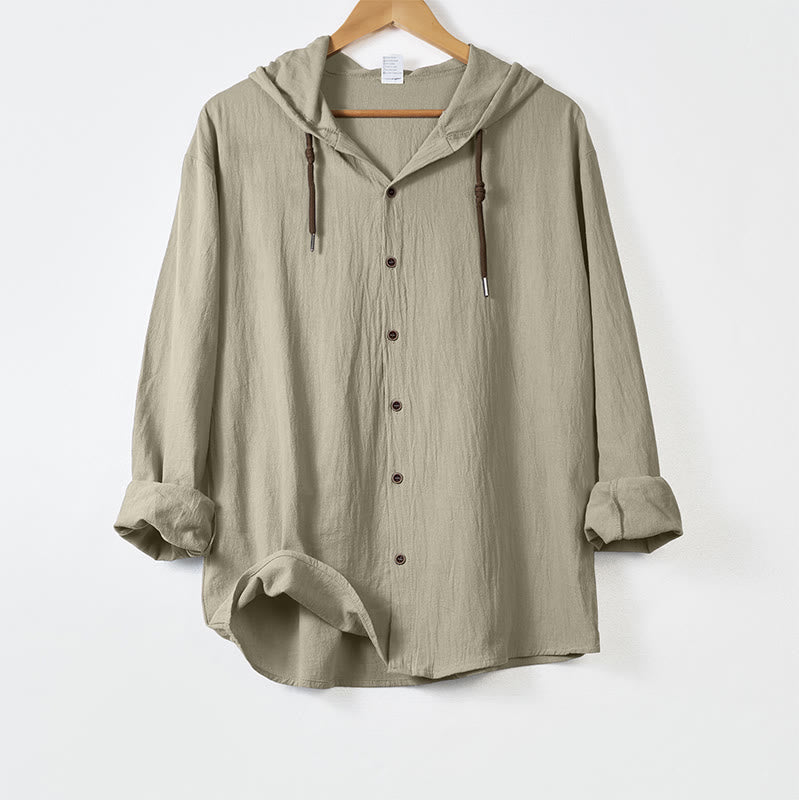 Camisa de algodón para hombre con capucha, manga larga, botones y cordón, color liso, con Buddha Stones - Beige - US/UK/AU44，EU54 (3XL) - image 15