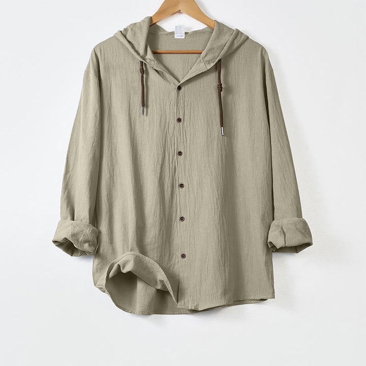 Camisa de algodón para hombre con capucha, manga larga, botones y cordón, color liso, con Buddha Stones - Beige - US/UK/AU44，EU54 (3XL) - image 15