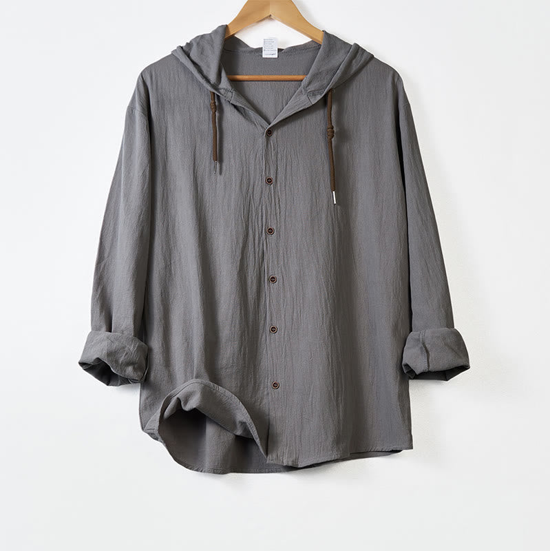 Camisa de algodón para hombre con capucha, manga larga, botones y cordón, color liso, con Buddha Stones - Gris oscuro - US/UK/AU44，EU54 (3XL) - image 10