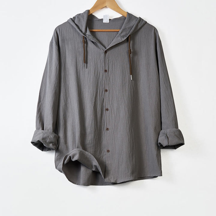 Camisa de algodón para hombre con capucha, manga larga, botones y cordón, color liso, con Buddha Stones - Gris oscuro - US/UK/AU44，EU54 (3XL) - image 10