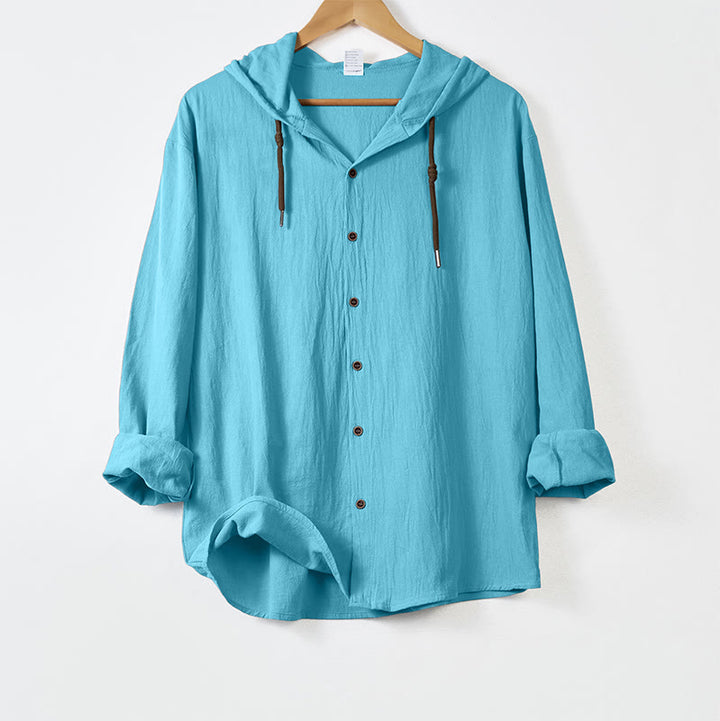 Camisa de algodón para hombre con capucha, manga larga, botones y cordón, color liso, con Buddha Stones - Azul cielo claro - US/UK/AU44，EU54 (3XL) - image 14