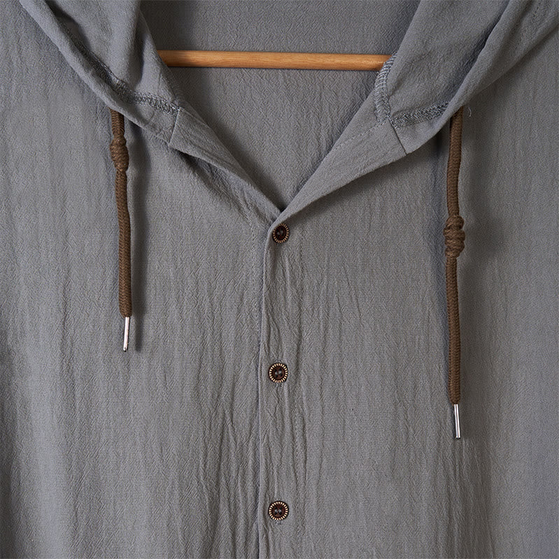 Camisa de algodón para hombre con capucha, manga larga, botones y cordón, color liso, con Buddha Stones - image 13