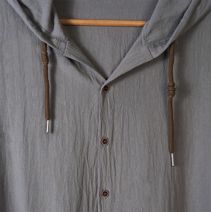 Camisa de algodón para hombre con capucha, manga larga, botones y cordón, color liso, con Buddha Stones - image 13