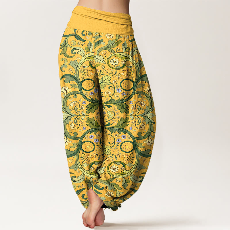 Pantalones bombachos de cintura elástica para mujer, de algodón puro con estampado de hojas, enredaderas y flores en capas, de Buddha Stones. - image 1