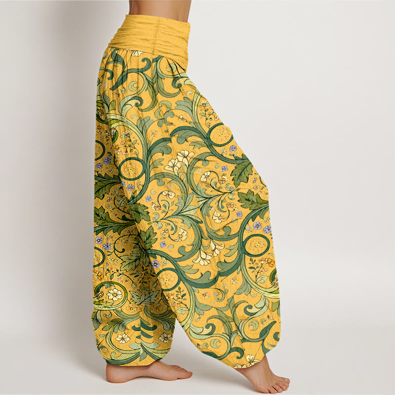Pantalones bombachos de cintura elástica para mujer, de algodón puro con estampado de hojas, enredaderas y flores en capas, de Buddha Stones. - image 2