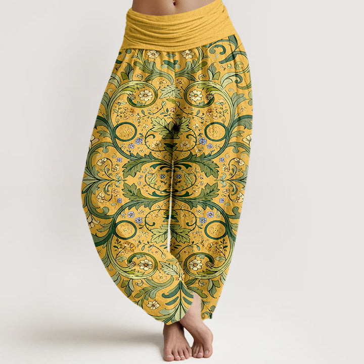 Pantalones bombachos de cintura elástica para mujer, de algodón puro con estampado de hojas, enredaderas y flores en capas, de Buddha Stones. - Oro - US16，UK/AU20，EU48 (3XL) - image 0