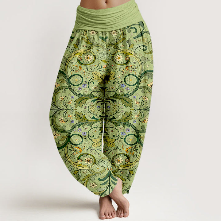 Pantalones bombachos de cintura elástica para mujer, de algodón puro con estampado de hojas, enredaderas y flores en capas, de Buddha Stones. - Verde amarillento - US16，UK/AU20，EU48 (3XL) - image 5