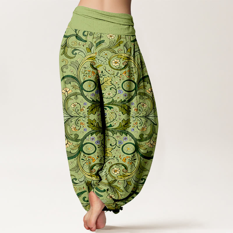 Pantalones bombachos de cintura elástica para mujer, de algodón puro con estampado de hojas, enredaderas y flores en capas, de Buddha Stones. - image 6