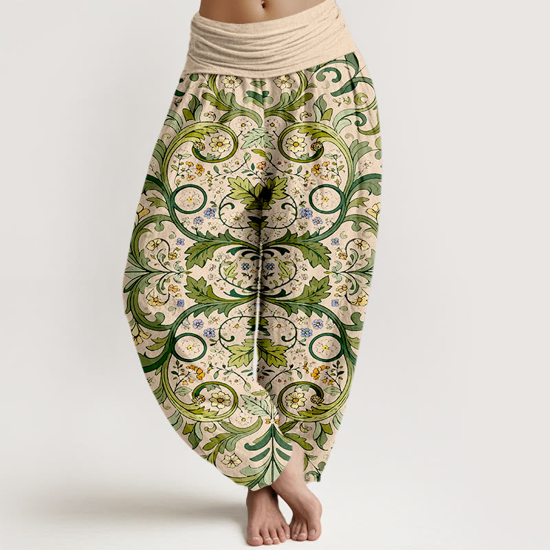 Pantalones bombachos de cintura elástica para mujer, de algodón puro con estampado de hojas, enredaderas y flores en capas, de Buddha Stones. - Trigo - US16，UK/AU20，EU48 (3XL) - image 8