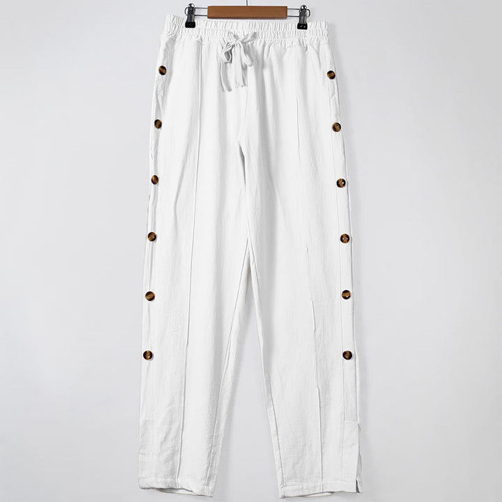 Pantalones de algodón para hombre con bolsillos y botones laterales de color liso con Buddha Stones - Blanco - US/UK/AU46, UE56 (3XL) - image 10
