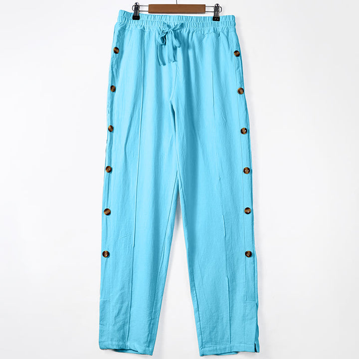 Pantalones de algodón para hombre con bolsillos y botones laterales de color liso con Buddha Stones - Azul cielo claro - US/UK/AU46, UE56 (3XL) - image 9