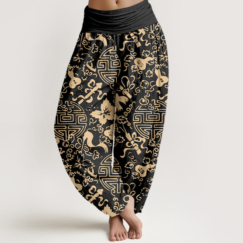 Pantalones bombachos de cintura elástica para mujer, de algodón puro con estampado de calabazas y caracteres chinos con Buddha Stones. - Negro - US16，UK/AU20，EU48 (3XL) - image 0