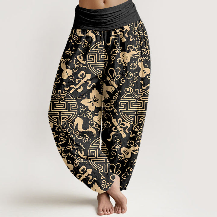 Pantalones bombachos de cintura elástica para mujer, de algodón puro con estampado de calabazas y caracteres chinos con Buddha Stones. - Negro - US16，UK/AU20，EU48 (3XL) - image 0