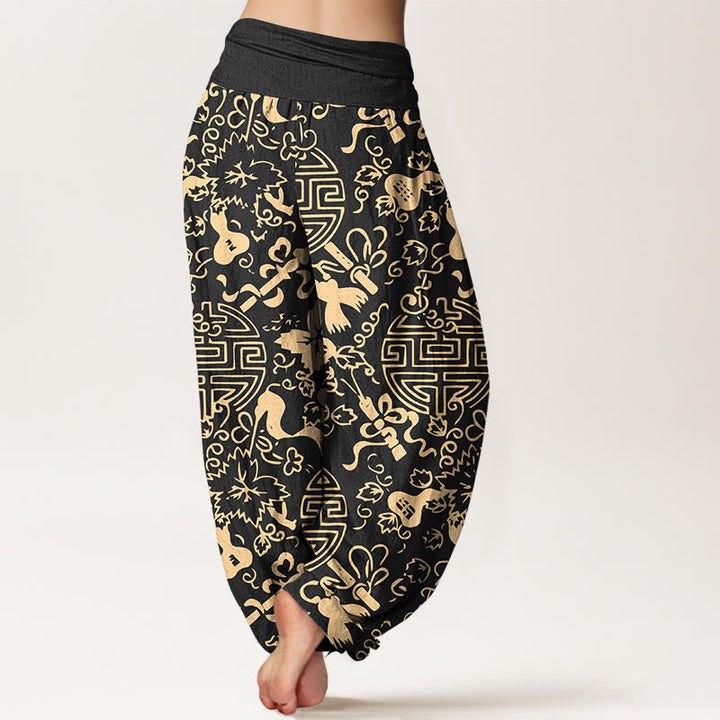Pantalones bombachos de cintura elástica para mujer, de algodón puro con estampado de calabazas y caracteres chinos con Buddha Stones. - image 1