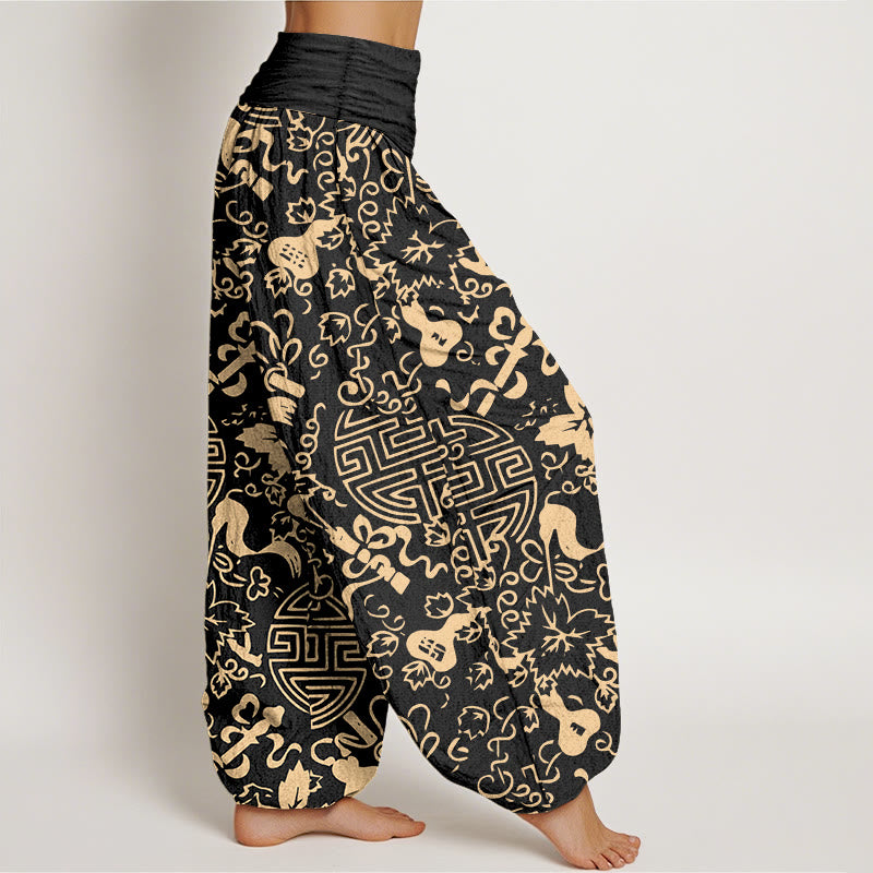 Pantalones bombachos de cintura elástica para mujer, de algodón puro con estampado de calabazas y caracteres chinos con Buddha Stones. - image 2