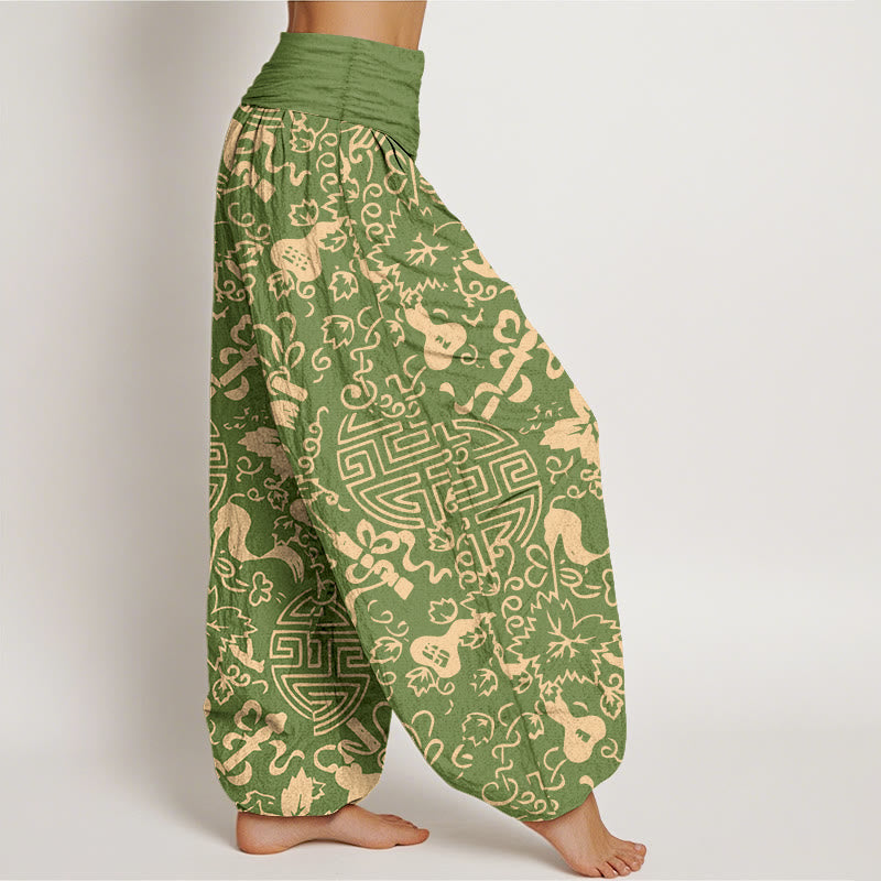 Pantalones bombachos de cintura elástica para mujer, de algodón puro con estampado de calabazas y caracteres chinos con Buddha Stones. - image 7