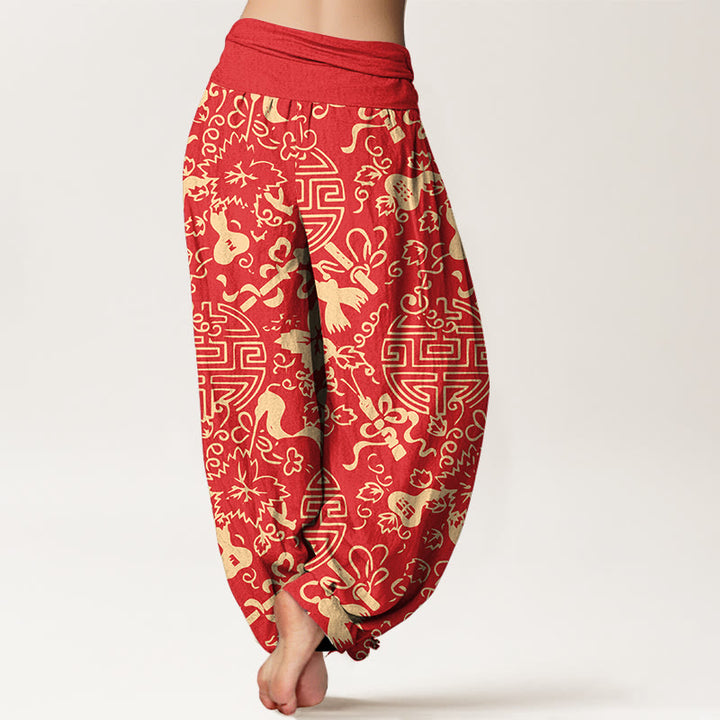 Pantalones bombachos de cintura elástica para mujer, de algodón puro con estampado de calabazas y caracteres chinos con Buddha Stones. - image 9