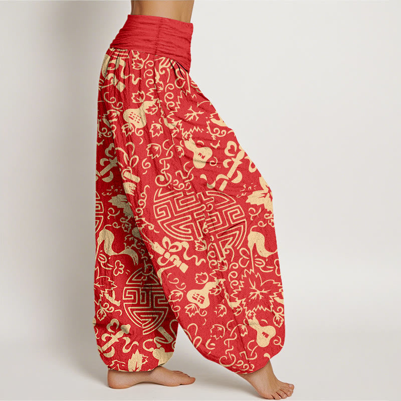 Pantalones bombachos de cintura elástica para mujer, de algodón puro con estampado de calabazas y caracteres chinos con Buddha Stones. - image 10