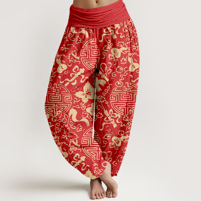Pantalones bombachos de cintura elástica para mujer, de algodón puro con estampado de calabazas y caracteres chinos con Buddha Stones. - Rojo - US16，UK/AU20，EU48 (3XL) - image 8