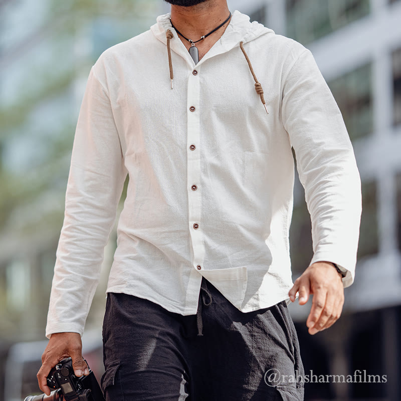 Camisa de algodón para hombre con capucha, manga larga, botones y cordón, color liso, con Buddha Stones - Blanco - US/UK/AU44，EU54 (3XL) - image 0