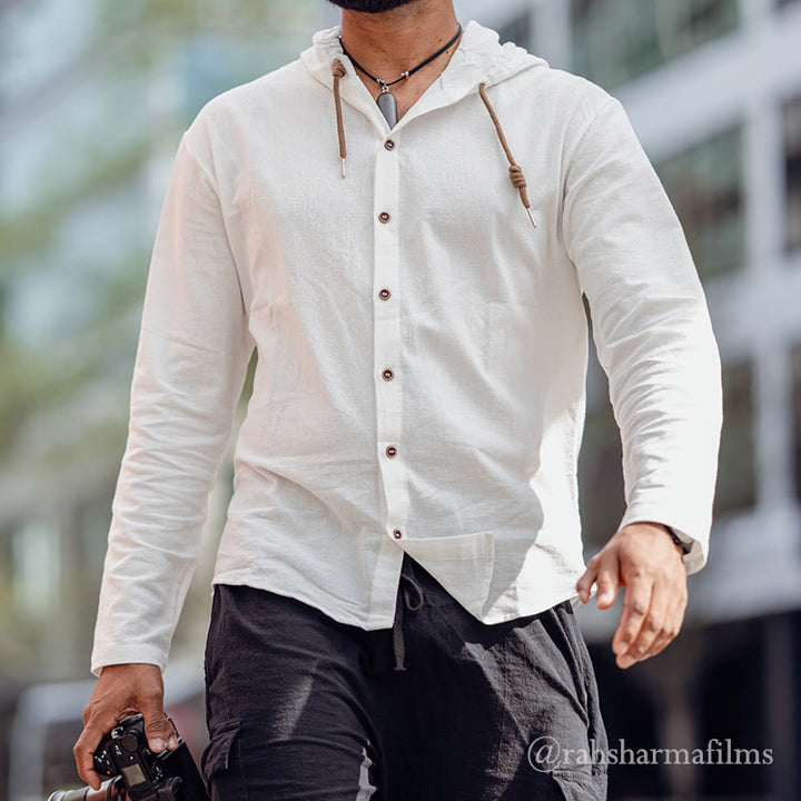 Camisa de hombre de manga larga con capucha, cordón ajustable y botones, color liso, con estampado de Buddha Stones. - Blanco - US/UK/AU44，EU54 (3XL) - image 0