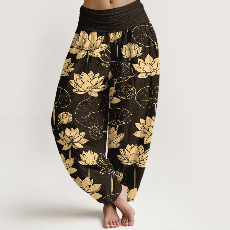 Pantalones bombachos de cintura elástica para mujer con estampado de flores de loto, hojas y vainas de algodón con Buddha Stones - Negro - US16，UK/AU20，EU48 (3XL) - image 0