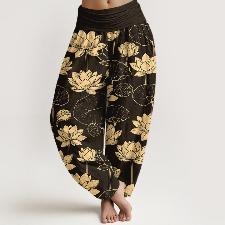 Pantalones bombachos de cintura elástica para mujer con estampado de flores de loto, hojas y vainas de algodón con Buddha Stones - Negro - US16，UK/AU20，EU48 (3XL) - image 0