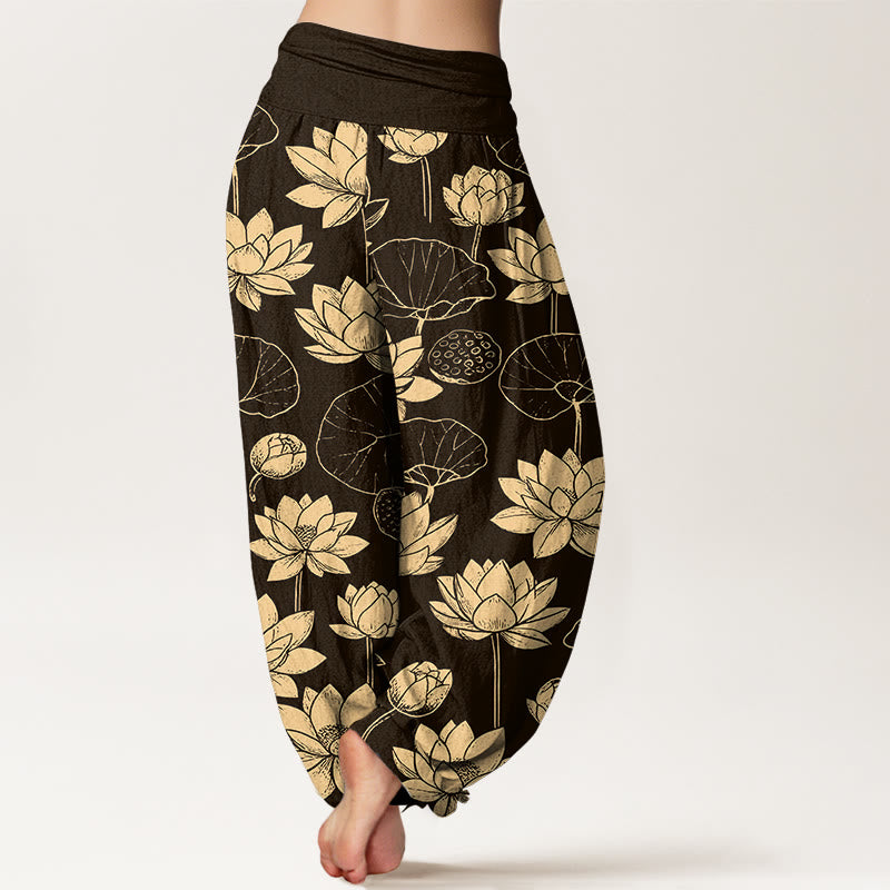 Pantalones bombachos de cintura elástica para mujer con estampado de flores de loto, hojas y vainas de algodón con Buddha Stones - image 1