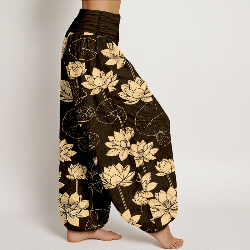 Pantalones bombachos de cintura elástica para mujer con estampado de flores de loto, hojas y vainas de algodón con Buddha Stones - image 2