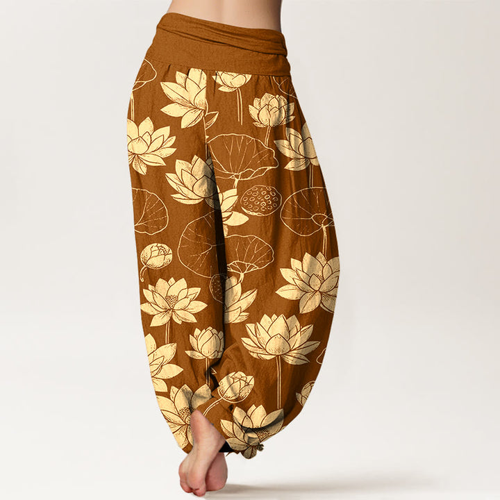 Pantalones bombachos de cintura elástica para mujer con estampado de flores de loto, hojas y vainas de algodón con Buddha Stones - image 6