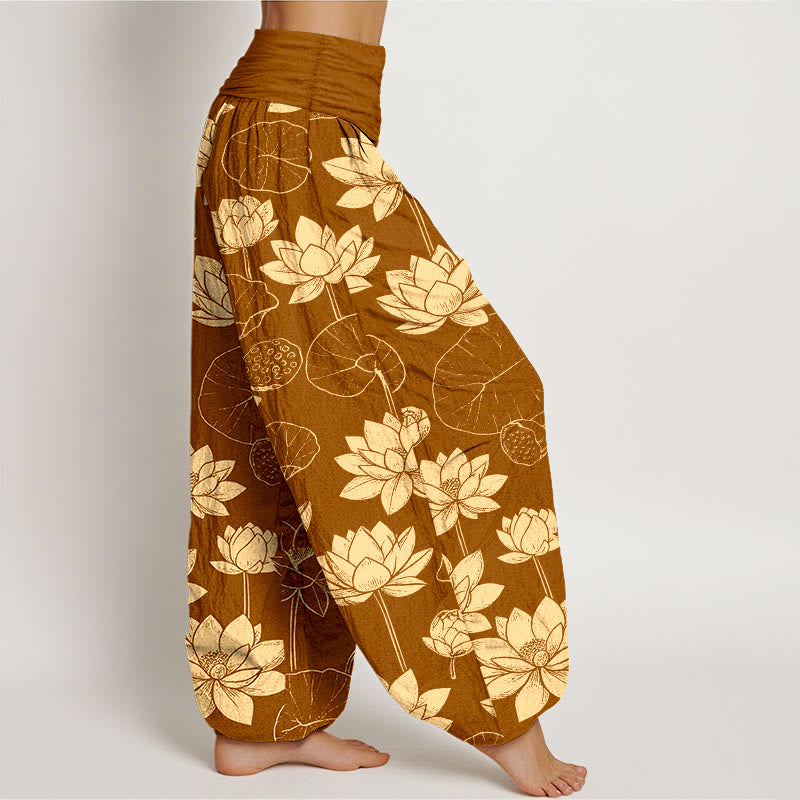 Pantalones bombachos de cintura elástica para mujer con estampado de flores de loto, hojas y vainas de algodón con Buddha Stones - image 7