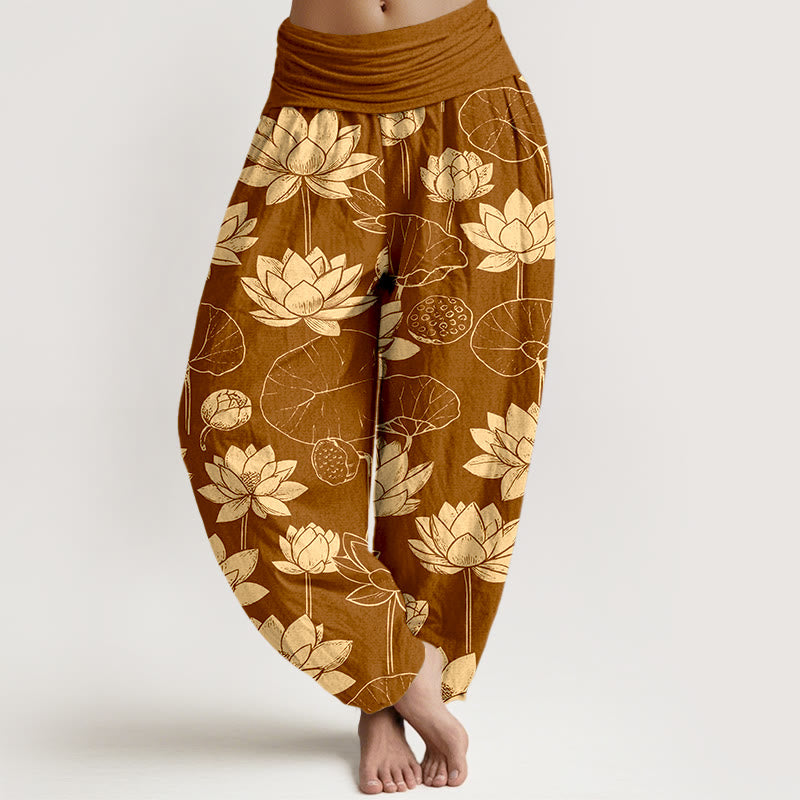 Pantalones bombachos de cintura elástica para mujer con estampado de flores de loto, hojas y vainas de algodón con Buddha Stones - Chocolate - US16，UK/AU20，EU48 (3XL) - image 5