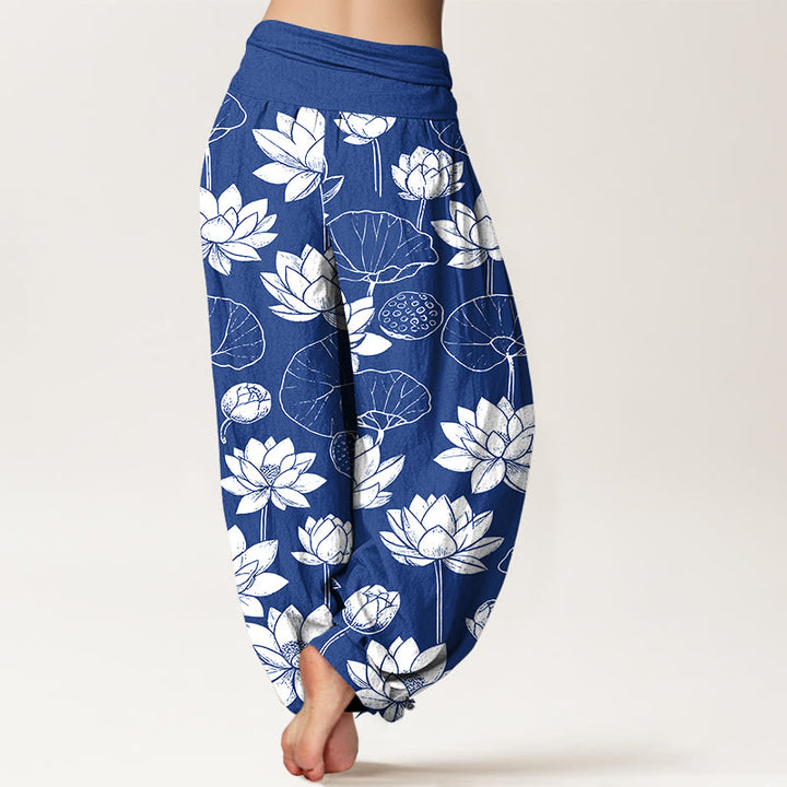 Pantalones bombachos de cintura elástica para mujer con estampado de flores de loto, hojas y vainas de algodón con Buddha Stones - image 9