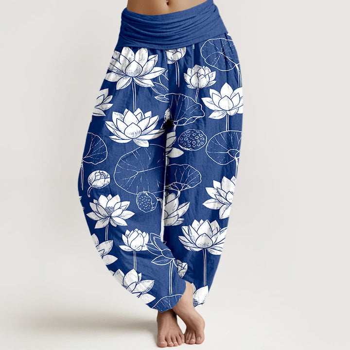 Pantalones bombachos de cintura elástica para mujer con estampado de flores de loto, hojas y vainas de algodón con Buddha Stones - Azul real - US16，UK/AU20，EU48 (3XL) - image 8