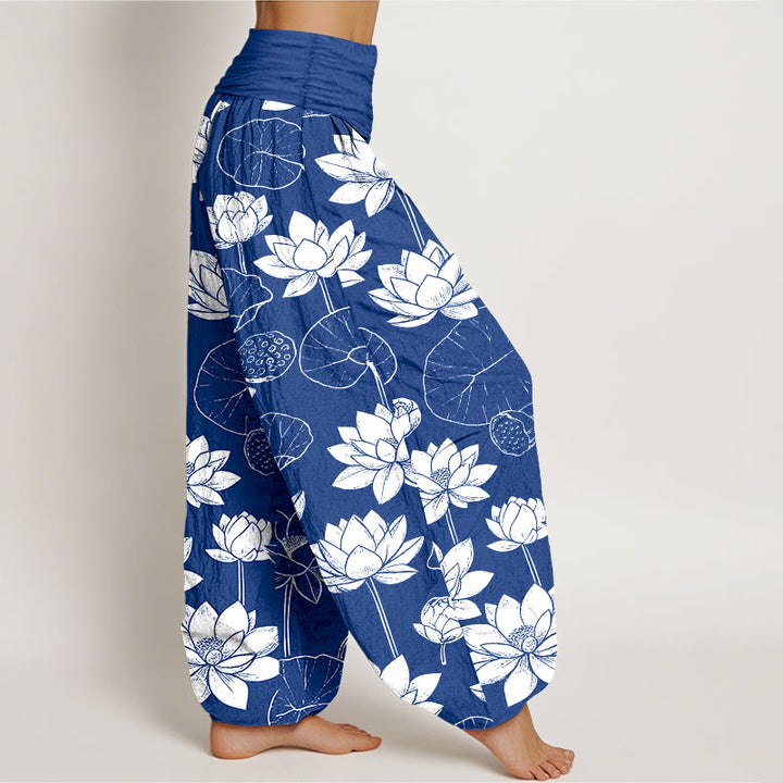 Pantalones bombachos de cintura elástica para mujer con estampado de flores de loto, hojas y vainas de algodón con Buddha Stones - image 10