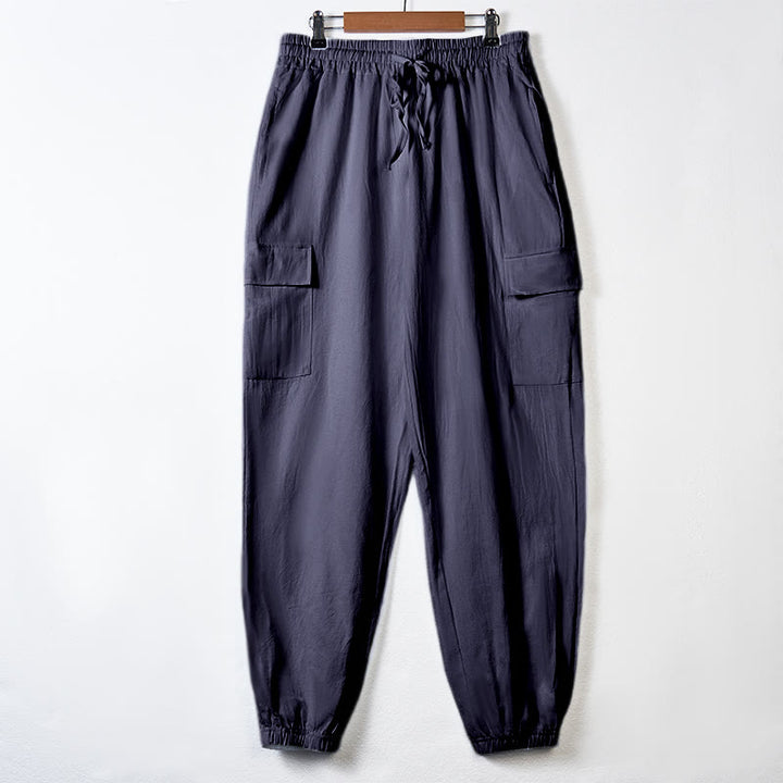Pantalones cargo de lino con cordón y bolsillos para hombre, de color liso, con Buddha Stones - Azul acero - US/UK/AU46, UE 56 (3XL) - image 27
