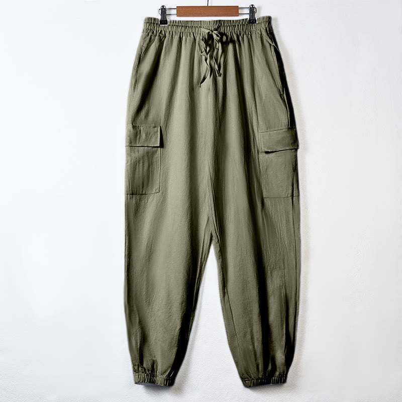 Pantalones cargo de lino con cordón y bolsillos para hombre, de color liso, con Buddha Stones - Verde mar oscuro - US/UK/AU46, UE 56 (3XL) - image 28