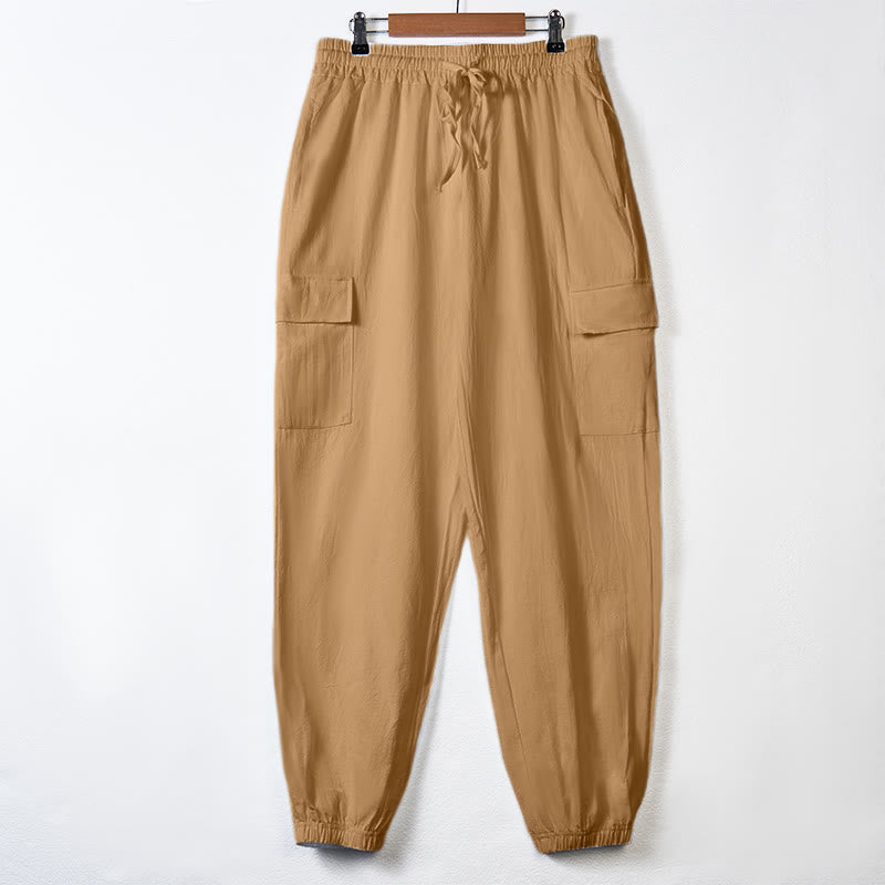 Pantalones cargo de lino con cordón y bolsillos para hombre, de color liso, con Buddha Stones - Sandy Brown - US/UK/AU46, UE 56 (3XL) - image 30