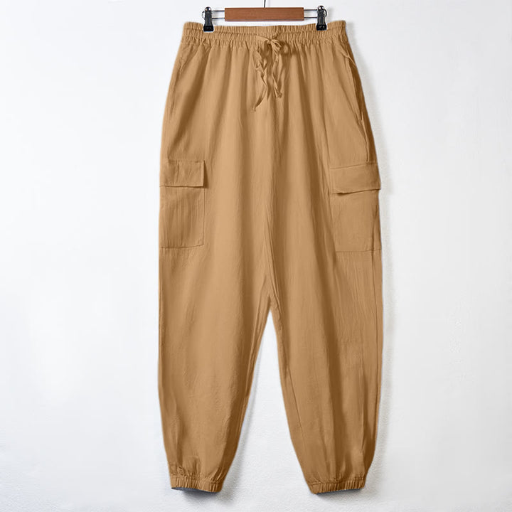 Pantalones cargo de lino con cordón y bolsillos para hombre, de color liso, con Buddha Stones - Sandy Brown - US/UK/AU46, UE 56 (3XL) - image 30