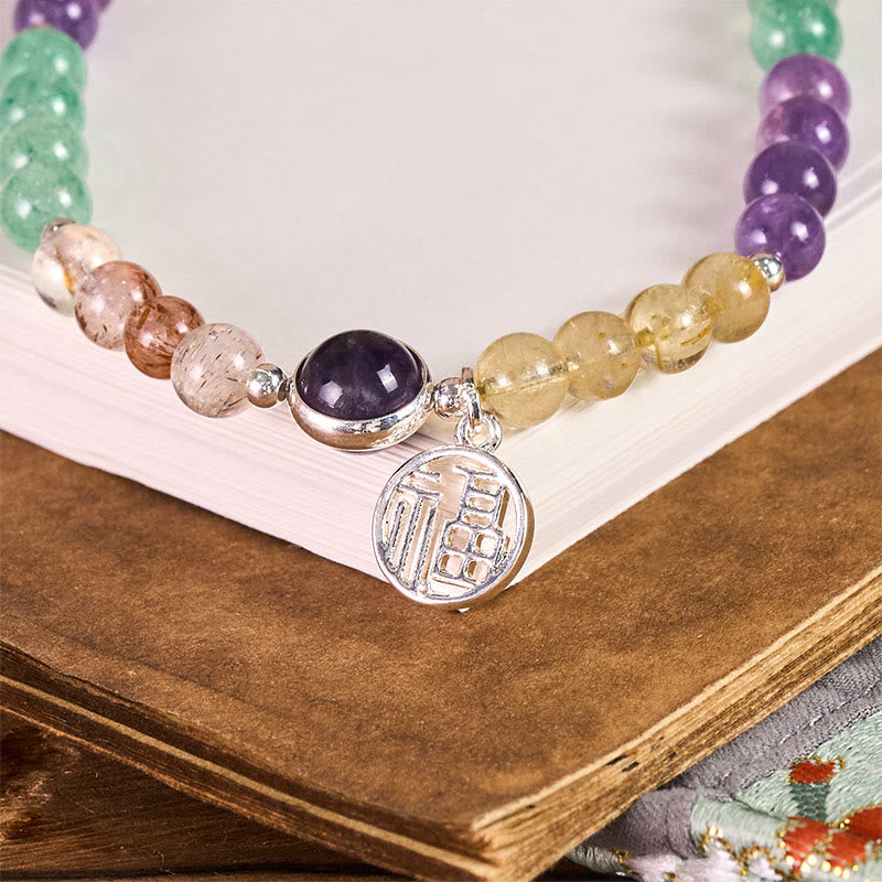 Llavero colgante para teléfono con dije de Buddha Stones con el personaje Fu y siete cristales de crecimiento. - image 1