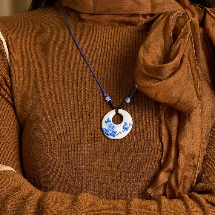 Collar de cerámica con símbolo de loto, peonía étnica, flores de melocotón y piedras de Buddha Stones, colgante de iluminación. - image 9