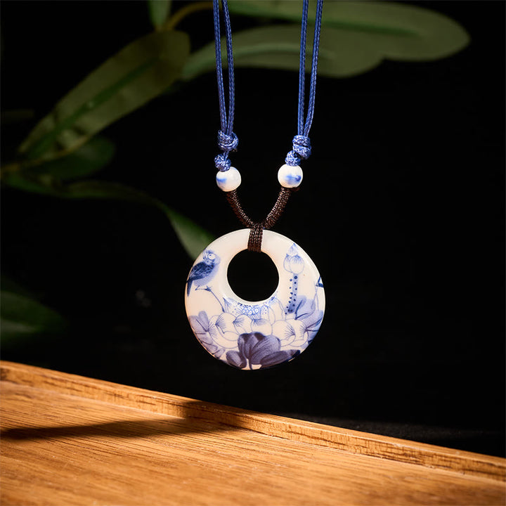 Collar de cerámica con símbolo de loto, peonía étnica, flores de melocotón y piedras de Buddha Stones, colgante de iluminación. - image 1