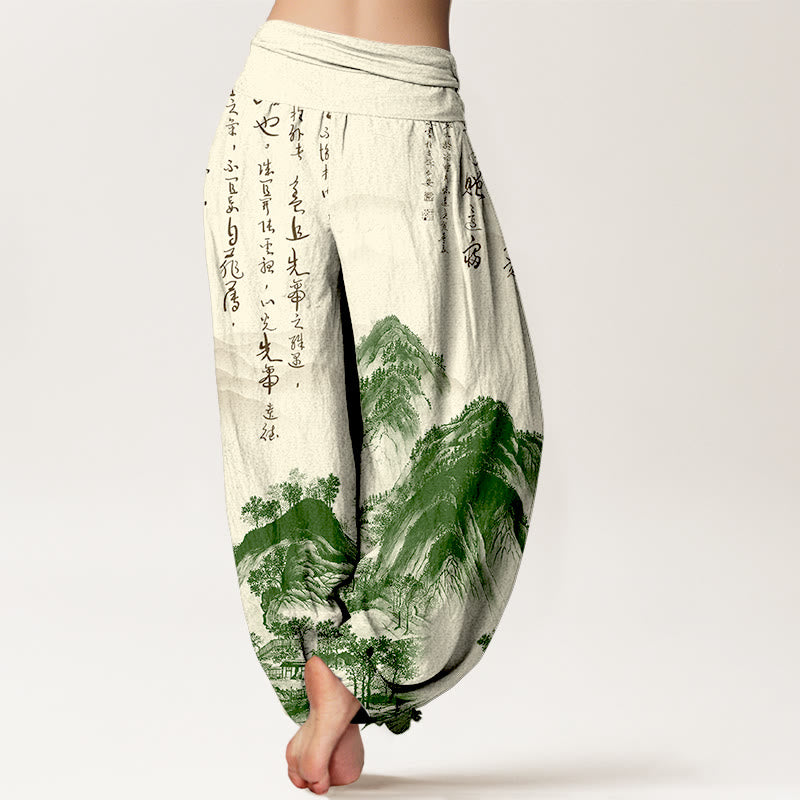 Pantalones bombachos de cintura elástica para mujer, de algodón puro con estampado de paisajes y caligrafía china con Buddha Stones - image 1