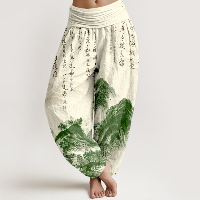 Pantalones bombachos de cintura elástica para mujer, de algodón puro con estampado de paisajes y caligrafía china con Buddha Stones - Beige - US16，UK/AU20，EU48 (3XL) - image 0