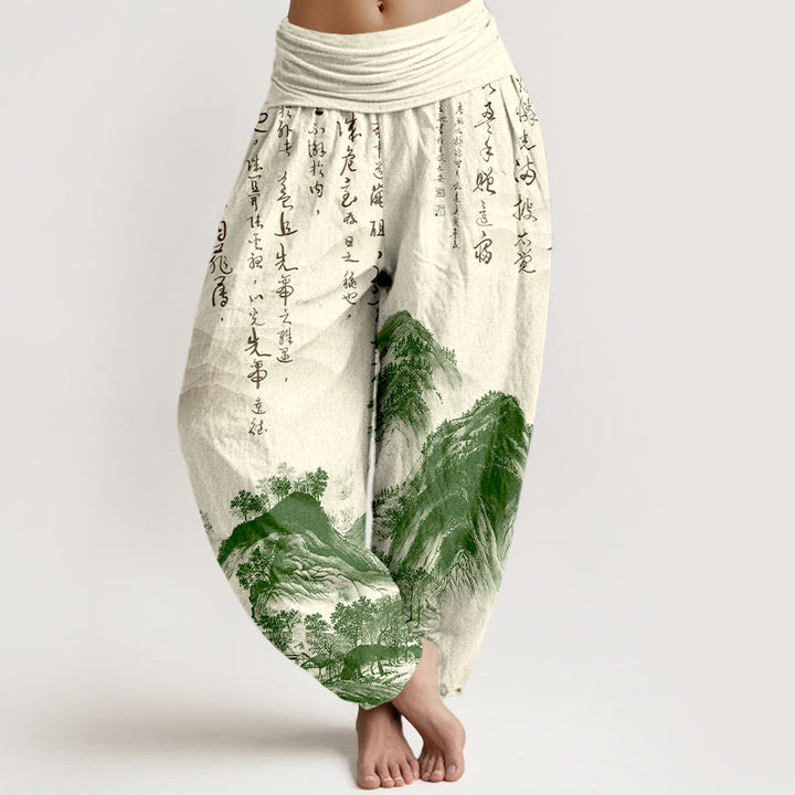 Pantalones bombachos de cintura elástica para mujer, de algodón puro con estampado de paisajes y caligrafía china con Buddha Stones - Beige - US16，UK/AU20，EU48 (3XL) - image 0